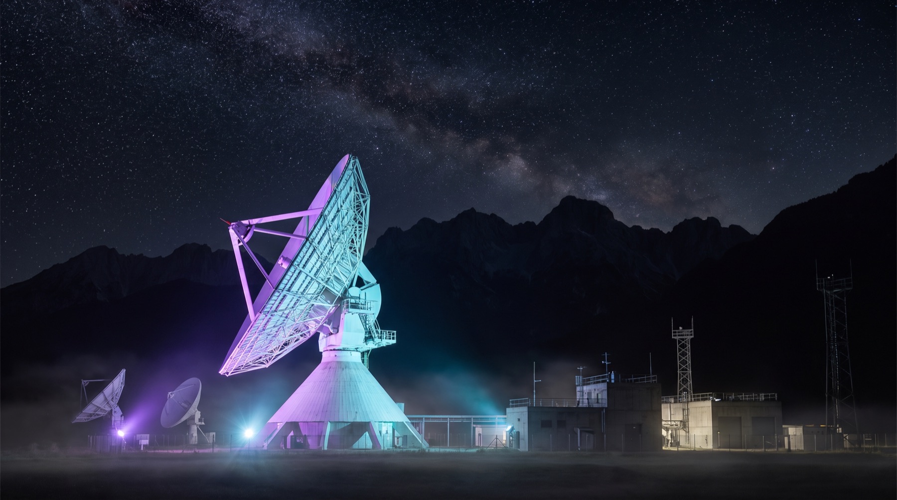 Satellite ground station dish array at night under a starry sky