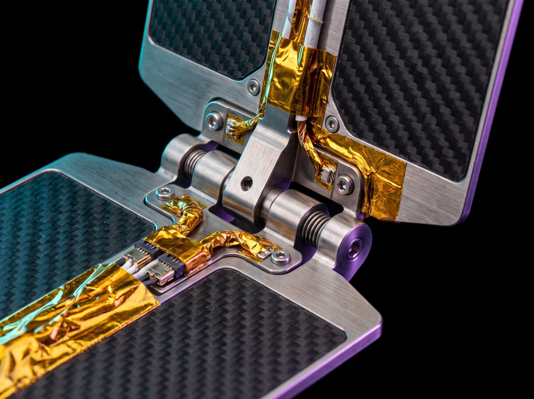 Macro detail of satellite hardware, a solar panel deployment hinge