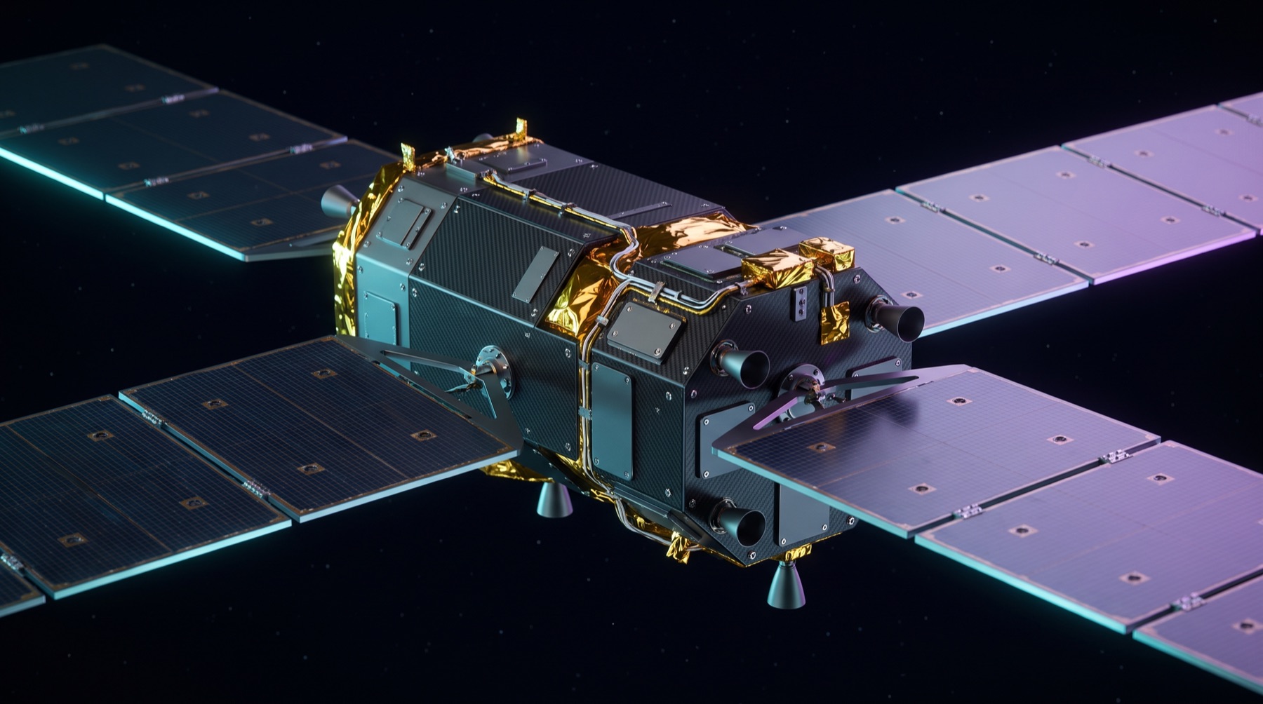 Aphelion Earth-observation satellite rendered in orbit, solar panels catching cyan and violet light